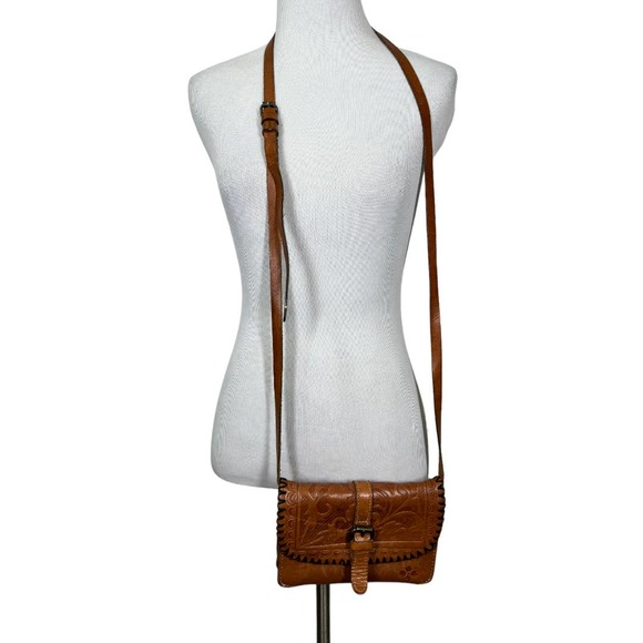 Patricia Nash Torri Tooled Brown Leather Crossbody Bag Boho Retro Floral Small - Picture 2 of 8